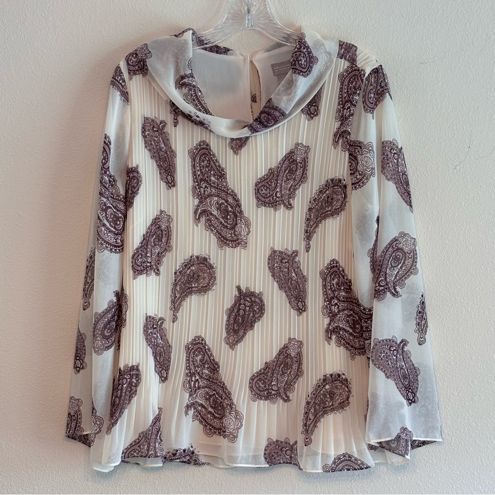 ECU Chico's Cream and Maroon Paisley Blouse Long Sleeve Sheer Sleeves SZ 1 - M